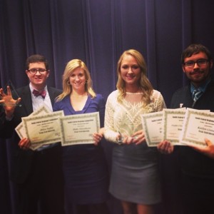 JEM and PR students representing the College of Media & Communications at South Central Broadcasting Society's Regional Conference, Austin, TX, November 2013 (from l to r: Blake Silverthorn, Dr. Lea Hellmueller, Kaitlyn Kravik, and David Peveto).