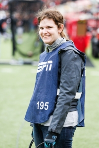 JEM student Elisabeth Kauffman working the Arkansas v. TTU football game. Photo credit: Jerod Foster